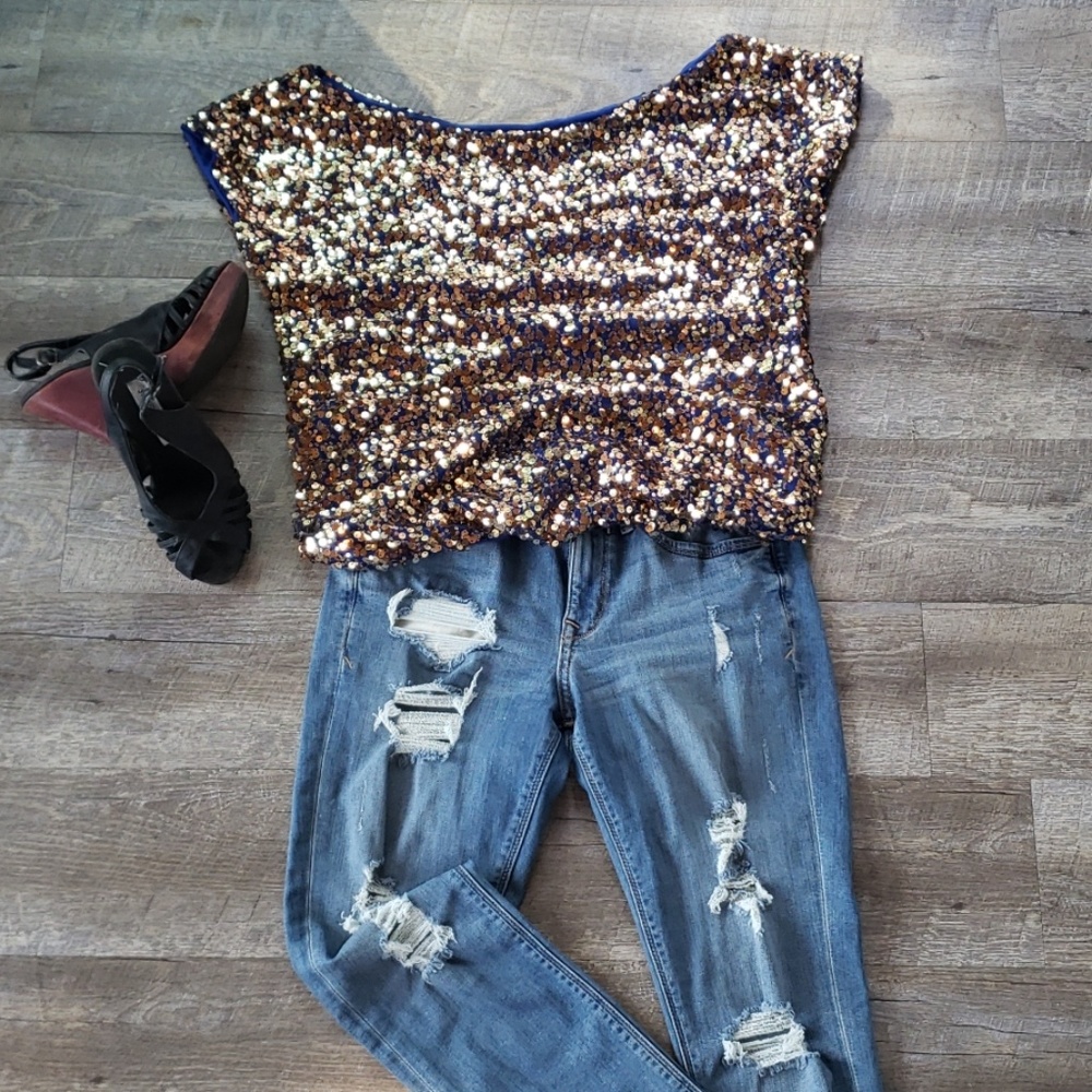 Blue and gold sparkle top